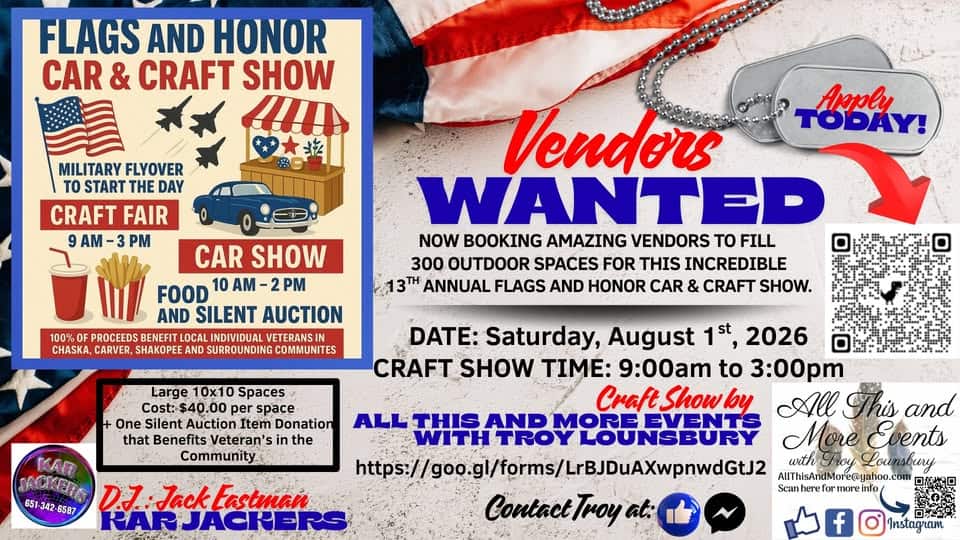 13th Annual Flags and Honor Car & Craft Show 2026 event at Lions Park in Chaska, MN on August 1, 2026