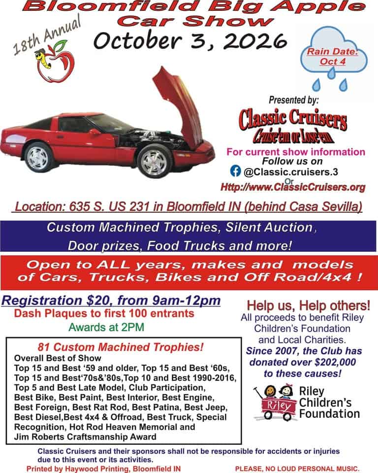 18th Annual Bloomfield Big Apple Car Show event at 635 S Us Highway 231 in Bloomfield, IN on October 3, 2026