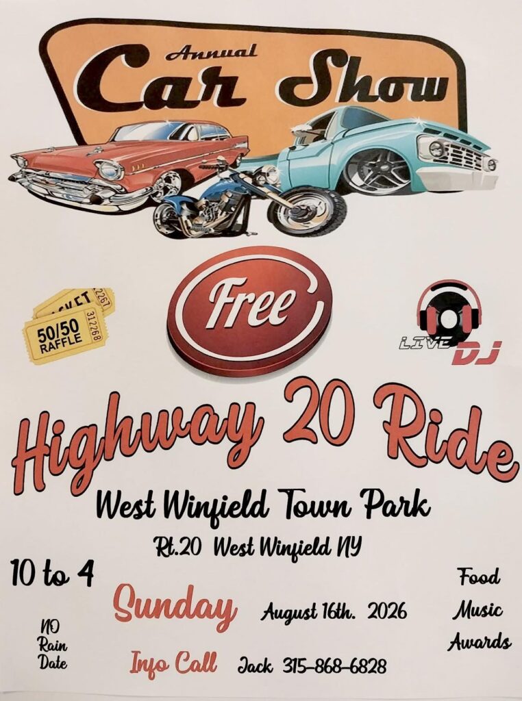 Highway 20 Ride Annual Car Show event at West Winfield Town Park in West Winfield, NY on August 16, 2026
