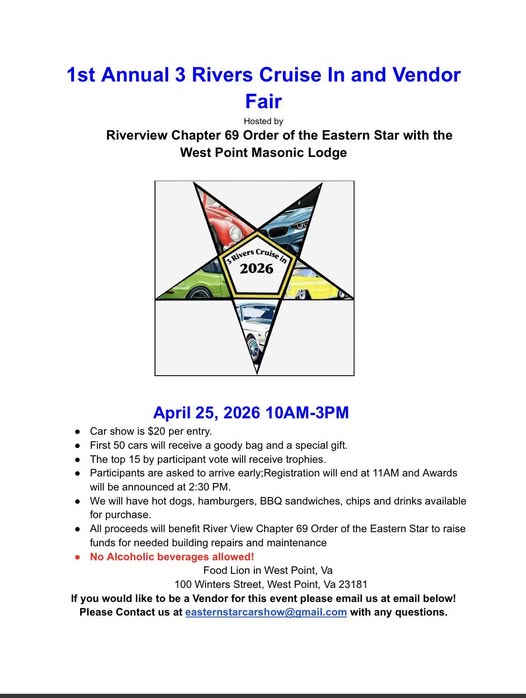 1st Annual 3 Rivers Cruise In and Vendor Fair event at Food Lion in West Point, VA on April 25, 2026