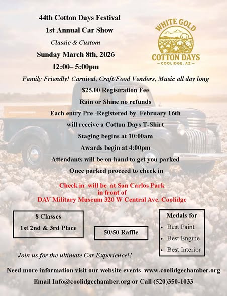 1st Annual Car Show event at San Carlos Park in Coolidge, AZ on March 8, 2026