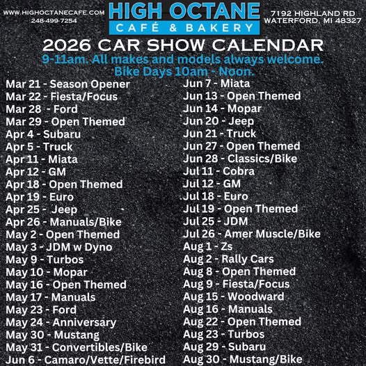 2026 Car Show Calendar event at High Octane Cafe & Bakery in Waterford, MI on March 21, 2026