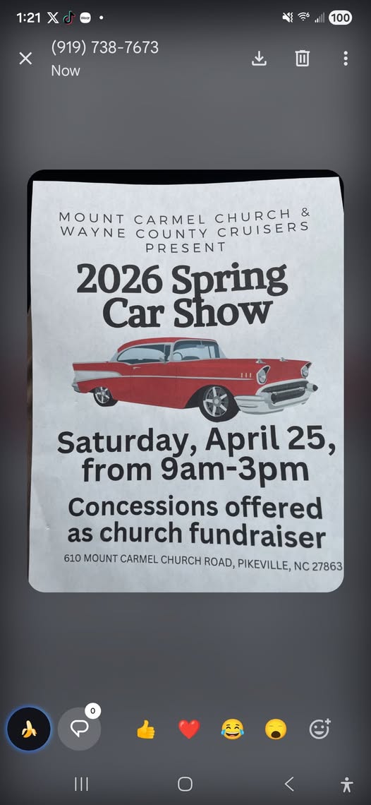 2026 Spring Car Show event at Mount Carmel Church in Pikeville, NC on April 25, 2026