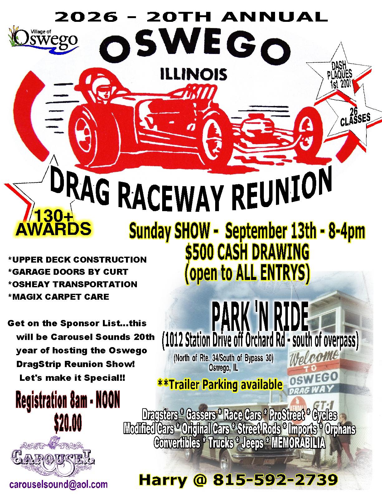 20th Annual Oswego Drag Raceway Reunion event at Park 'N Ride in Oswego, IL on September 13, 2026