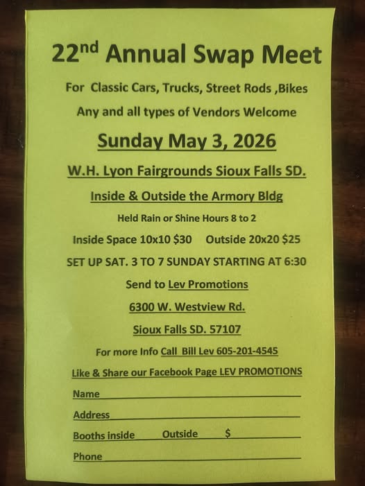 22nd Annual Swap Meet event at W.H. Lyon Fairgrounds in Sioux Falls, SD on May 3, 2026