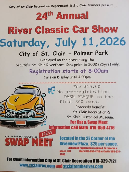 24th Annual River Classic Car Show event at Palmer Park in St. Clair, MI on July 11, 2026