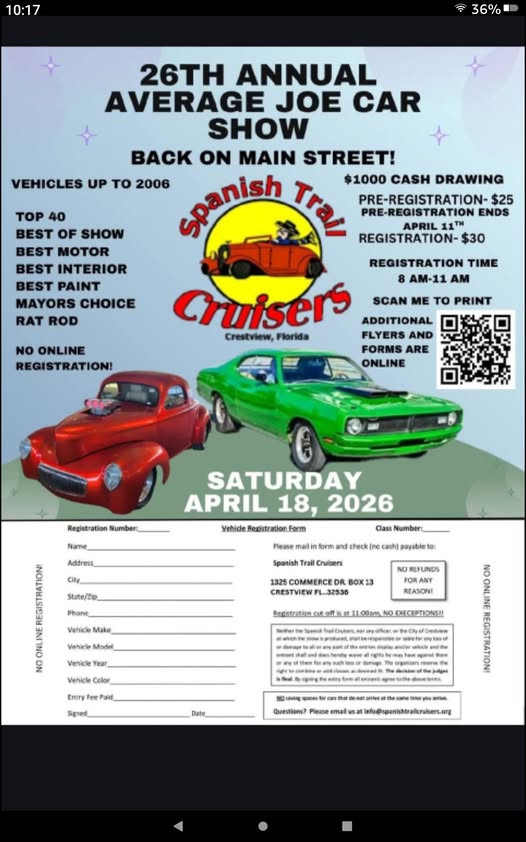 26th Annual Average Joe Car Show event at Spanish Trail Cruisers in Crestview, FL on April 18, 2026