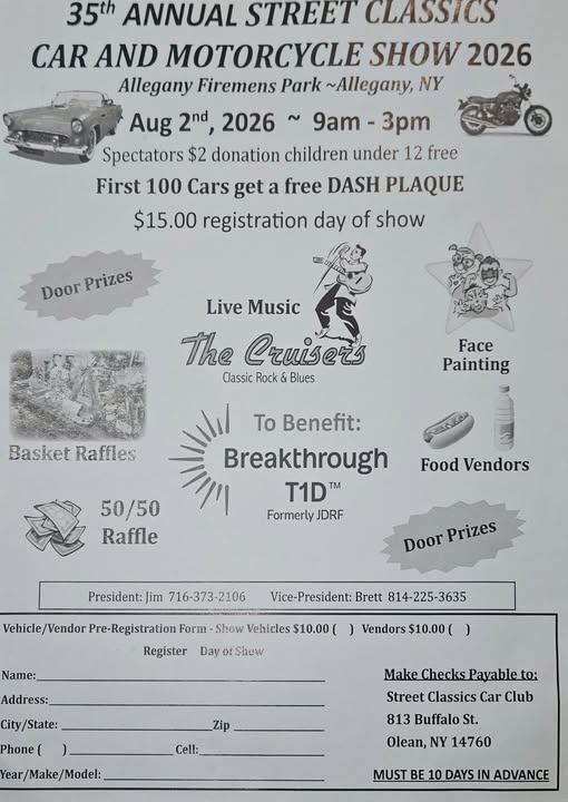 35th Annual Street Classics Car And Motorcycle Show 2026 event at Allegany Firemens Park in Allegany, NY on August 2, 2026
