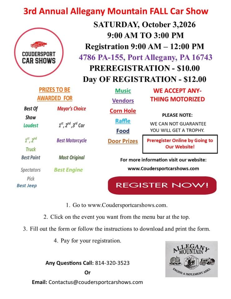3rd Annual Allegany Mountain Fall Car Show event at 5718 Pa-155 in Port Allegany, PA on October 3, 2026