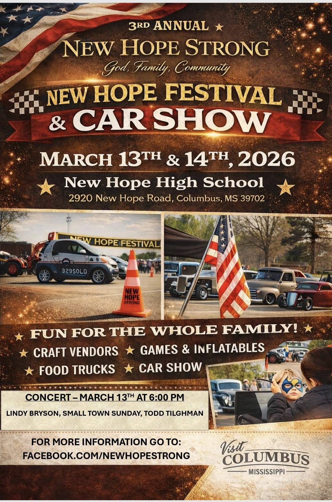 3rd Annual New Hope Festival & Car Show event at New Hope High School in Columbus, MS on March 13, 2026