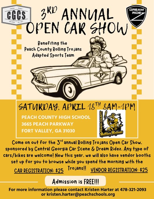 3rd Annual Open Car Show event at Peach County High School in Fort Valley, GA on April 18, 2026