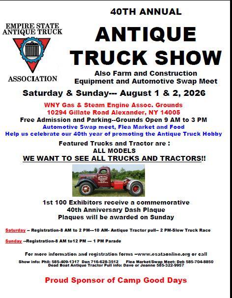 40th Annual Antique Truck Show event at WNY Gas & Steam Engine Assoc. Grounds in Alexander, NY on August 1, 2026
