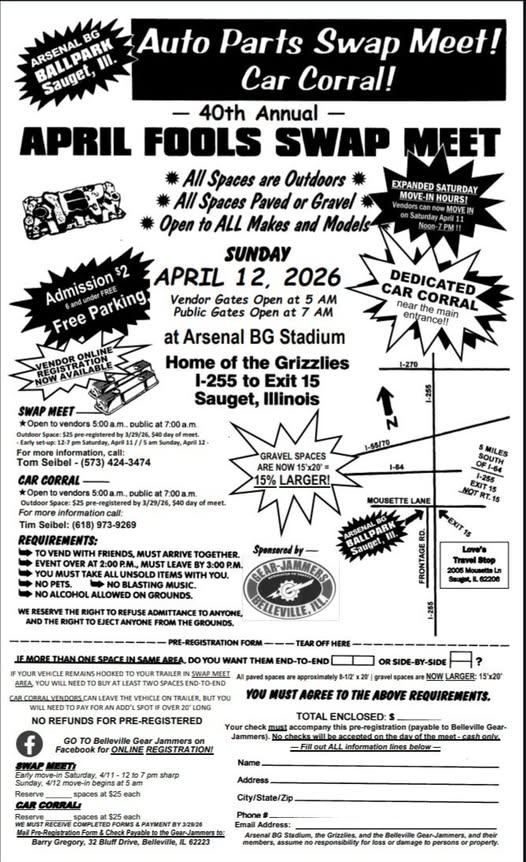 40th Annual April Fools Swap Meet event at Arsenal BG Stadium in Sauget, IL on April 12, 2026