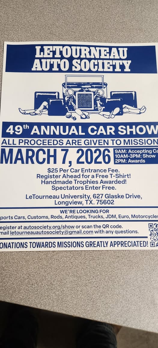 49th Annual Car Show event at LeTourneau University in Longview, TX on March 7, 2026
