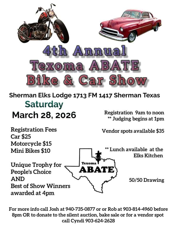 4th Annual Texoma ABATE Car and Bike Show event at 1713 East Fm 1417 in Sherman, TX on March 28, 2026