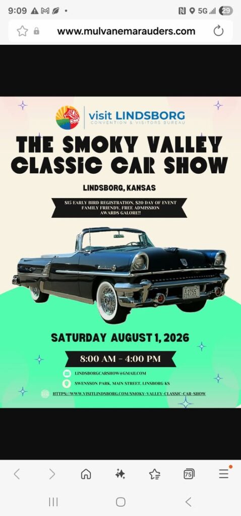 The Smoky Valley Classic Car Show event at Swensson Park in Lindsborg, KS on August 1, 2026