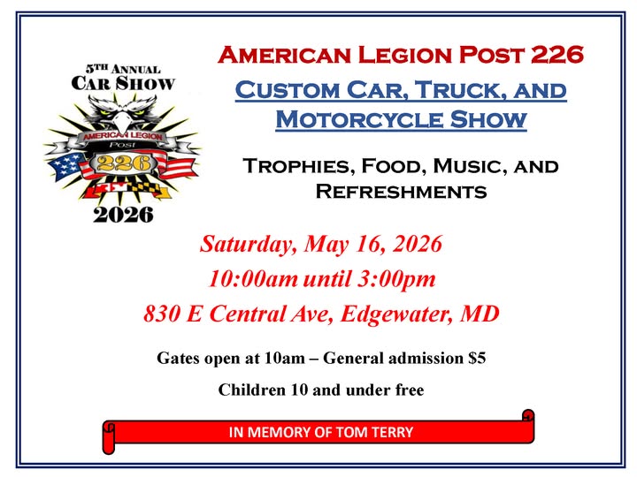 5th Annual Car Show event at American Legion Post 226 in Edgewater, MD on May 16, 2026