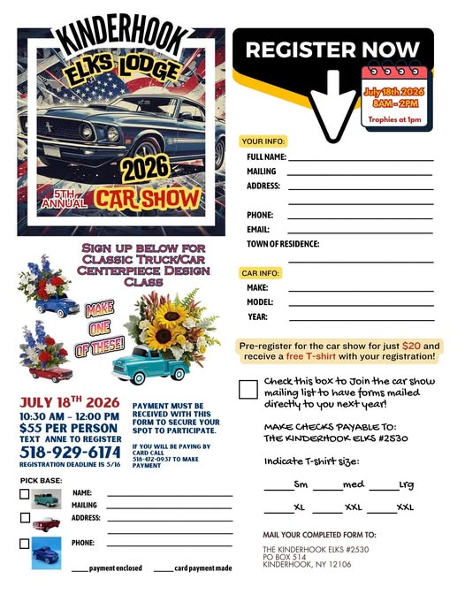 5th Annual Car Show event at Kinderhook Elks Lodge in Kinderhook, NY on July 18, 2026
