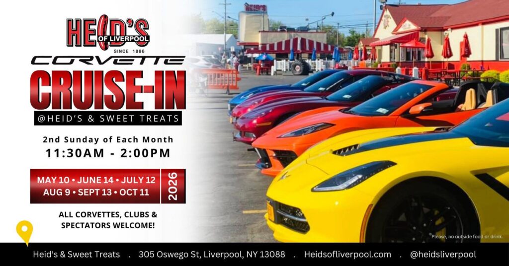 Heid's Corvette Cruise-In event at Heid's & Sweet Treats in Liverpool, NY on May 10, 2026