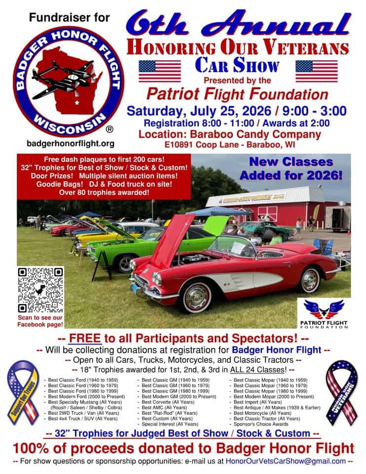 6th Annual "Honoring Our Veterans" Car Show event at E10891 Co-Op Ln in Baraboo, WI on July 25, 2026