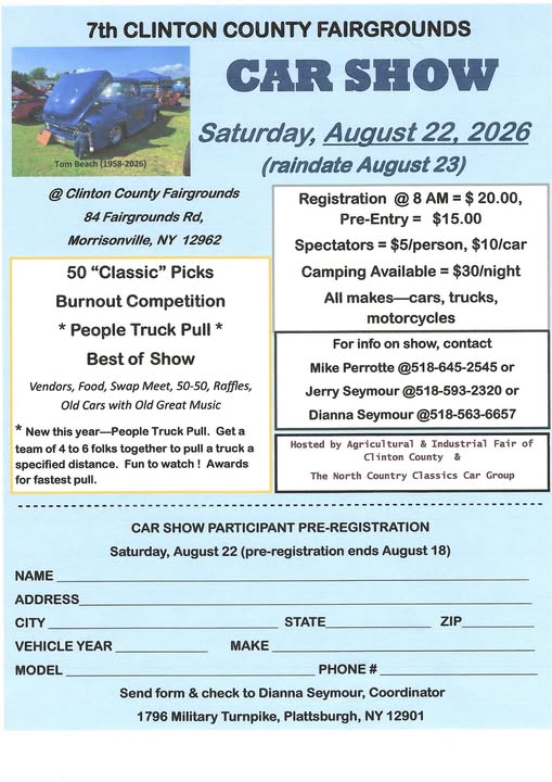7th Clinton County Fairgrounds Car Show event at Clinton County Fairgrounds in Morrisonville, NY on August 22, 2026