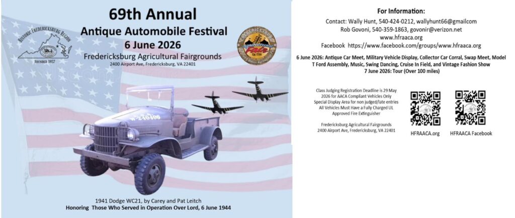 69th Annual Antique Automobile Festival event at Fredericksburg Agricultural Fairgrounds in Fredericksburg, VA on June 6, 2026