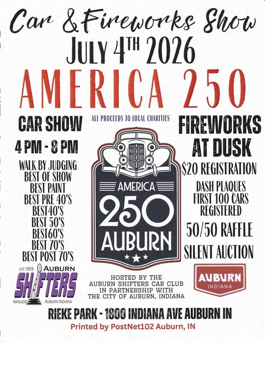 America 250 event at Rieke Park in Auburn, IN on July 4, 2026