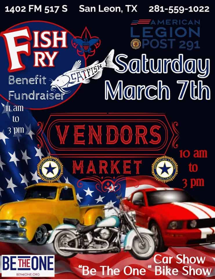 American Legion Post 291 Car Show & Fish Fry Benefit Fundraiser event at 1412 29Th St in Dickinson, TX on March 7, 2026