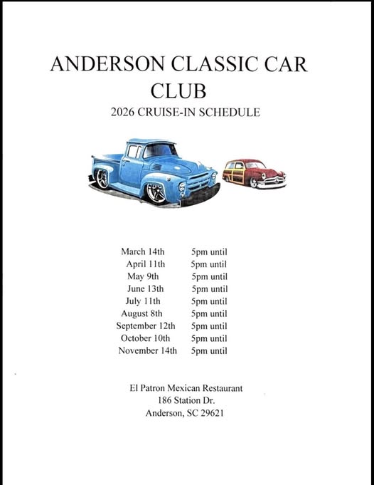 Anderson Classic Car Club event at El Patron Mexican Restaurant in Anderson, SC on March 14, 2026