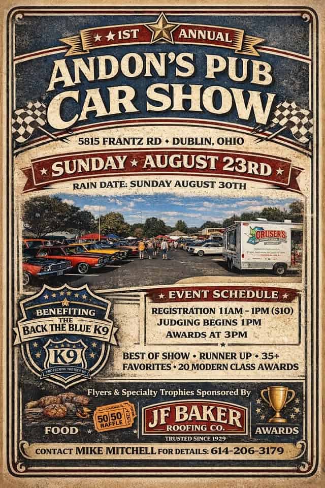 Andon's Pub 1st Annual Car Show event at 5815 Karric Square Dr in Dublin, OH on August 23, 2026