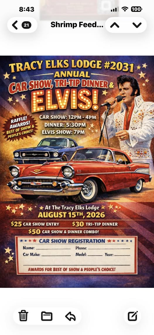 Annual Car Show, Tri-Tip Dinner & Elvis! event at Tracy Elks Lodge in Tracy, CA on August 15, 2026