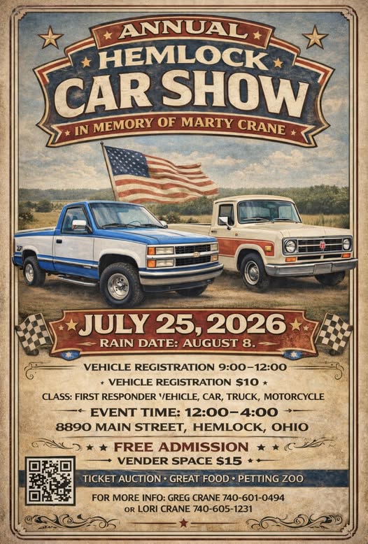 Annual Hemlock Car Show event at 8890 Main Street in Hemlock, OH on July 25, 2026