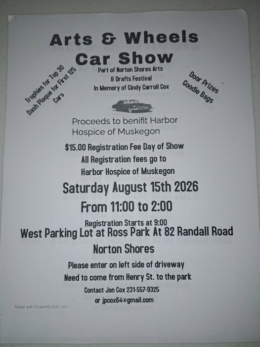 Arts & Wheels Car Show event at Ross Park in Norton Shores, MI on August 15, 2026