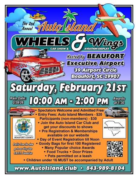 Auto Island Wheels & Wings event at Beaufort Executive Airport in Beaufort, SC on February 21, 2026