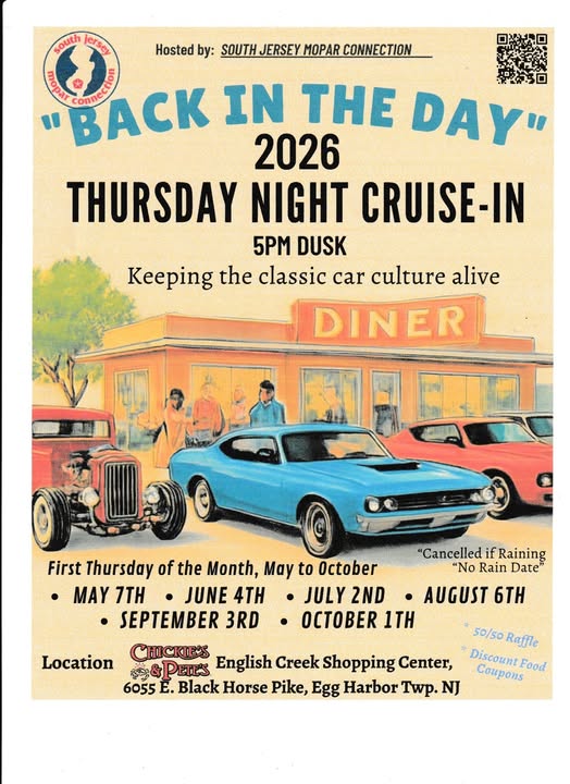 "Back In The Day" 2026 Thursday Night Cruise-In event at Chickie's & Pete's in Egg Harbor Twp., NJ on May 7, 2026