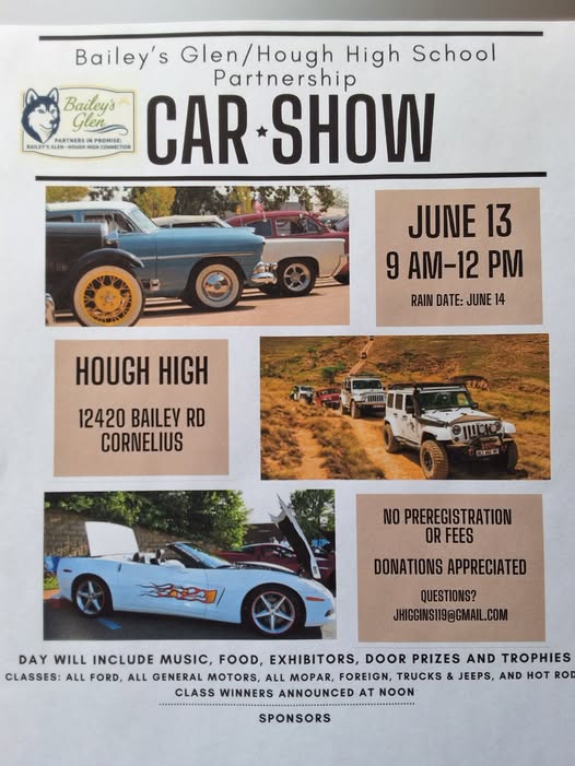 Bailey's Glen and Hough High School Car Show event at Hough High in Cornelius, NC on June 13, 2026