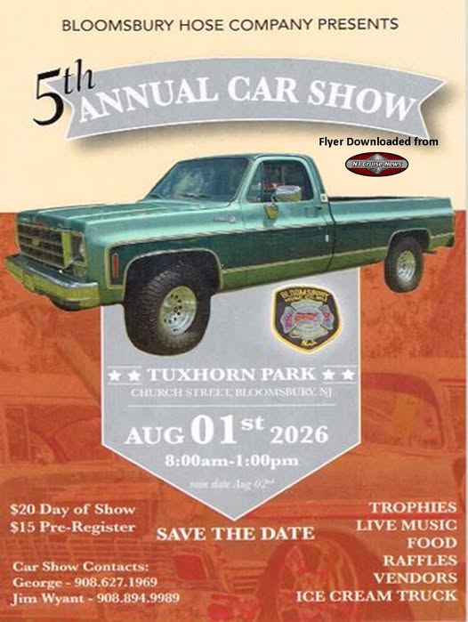 Bloomsbury Hose Company 5th Annual Car Show event at Tuxhorn Park in Bloomsbury, NJ on August 1, 2026