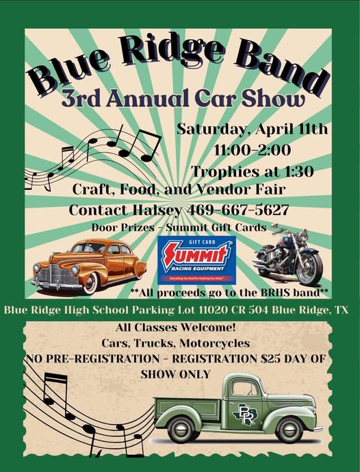 Blue Ridge Band 3rd Annual Car Show – Blue Ridge, TX | CarCruiseFinder