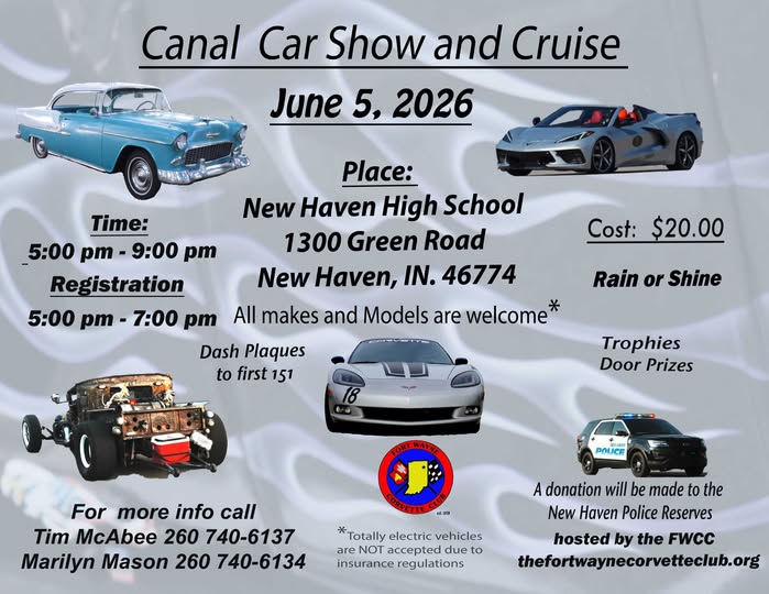 Canal Car Show and Cruise event at New Haven High School in New Haven, IN on June 5, 2026