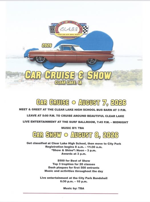 Car Cruise & Show event at City Park in Clear Lake, IA on August 7, 2026