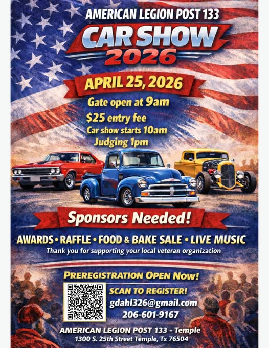 Car Show 2026 event at American Legion Post 133 - Temple in Temple, TX on April 25, 2026
