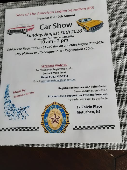 Car Show event at 17 Calvin Place in Metuchen, NJ on August 30, 2026