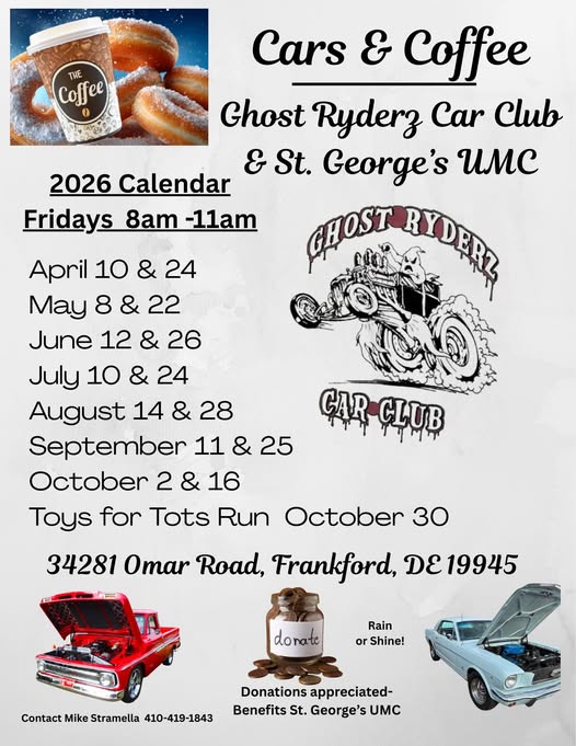 Cars & Coffee event at St. Georges UMC in Frankford, DE on April 10, 2026