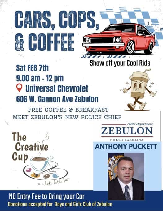 Cars, Cops, & Coffee event at Universal Chevrolet in Zebulon, NC on February 7, 2026