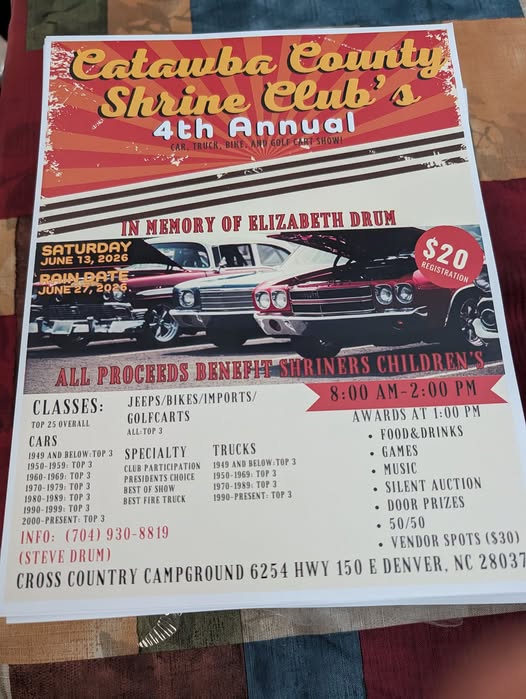 Catawba County Shrine Club's 4th Annual Car, Truck, Bike, and Golf Cart Show event at Cross Country Campground in Denver, NC on June 13, 2026