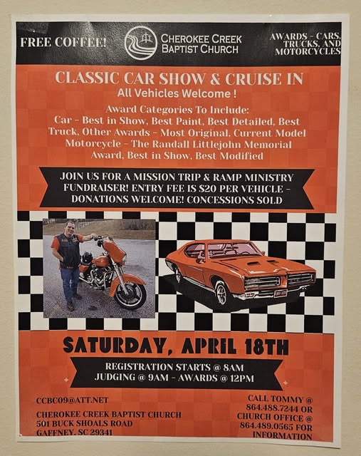 Cherokee Creek Baptist Church Classic Car Show & Cruise In event at Cherokee Creek Baptist Church in Gaffney, SC on April 18, 2026