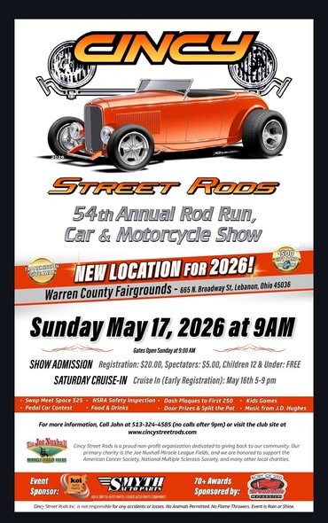Cincy Street Rods 54th Annual Rod Run, Car & Motorcycle Show event at Warren County Fairgrounds in Lebanon, OH on May 17, 2026