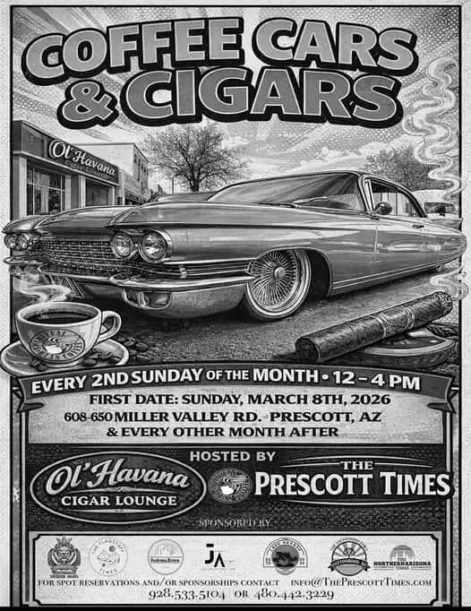 Coffee Cars & Cigars event at Ol' Havana Cigar Lounge in Prescott, AZ on March 8, 2026