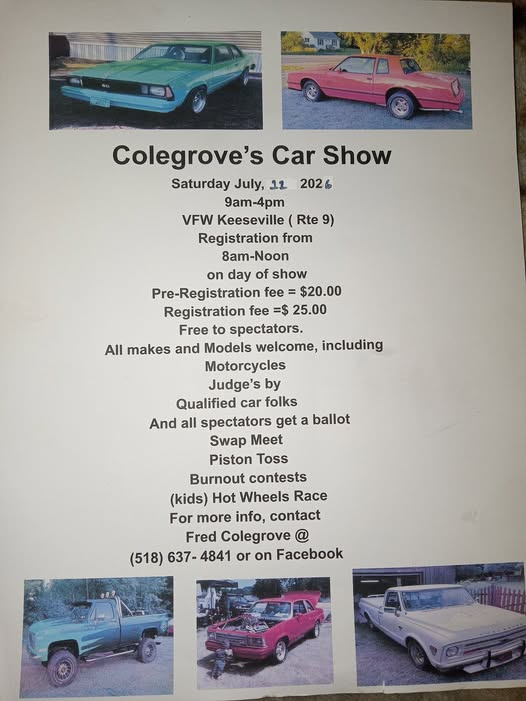 Colegrove's Car Show event at VFW in Keeseville, NY on July 11, 2026