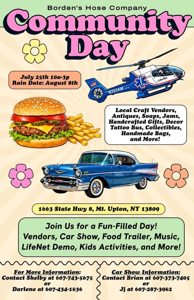 Community Day & Car Show event at 1698 Rt-8 in Mt Upton, NY on July 25, 2026